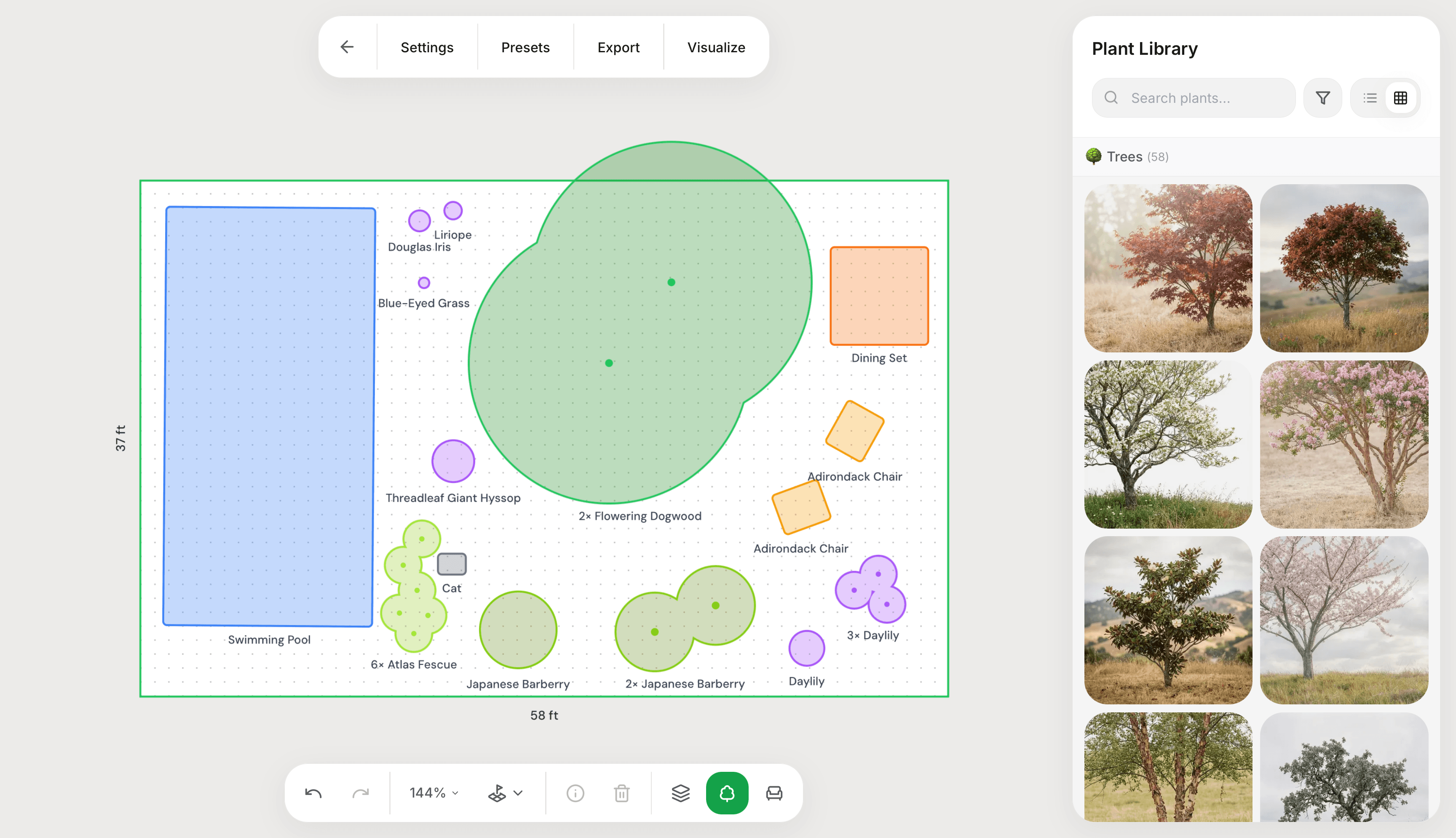 Leto Land editor — drag-and-drop landscape design canvas with plant library